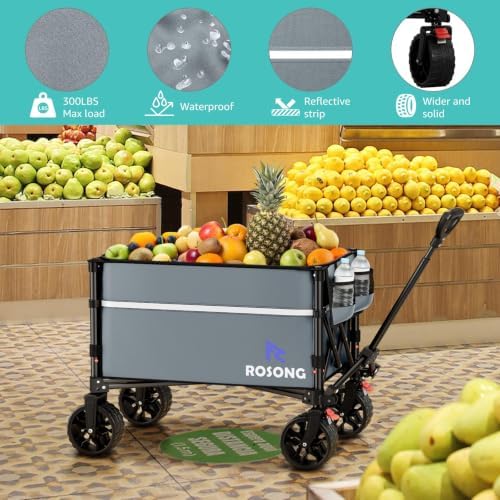 ROSONG Collapsible Wagon Cart with Wheels, Grey with Cover, 120L - Image 3