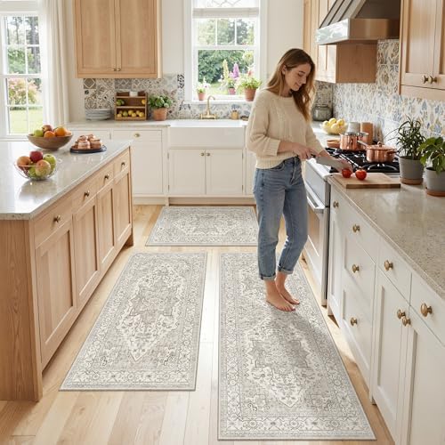 Madane Washable Kitchen Rug Set of 3 Small Area Rugs Non-Slip, Beige/Brown - Image 3