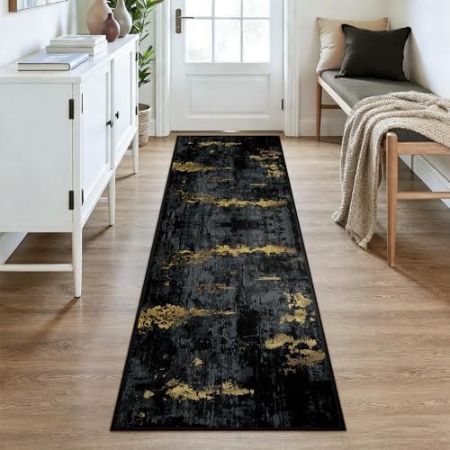 RELEANY Washable Runner 2'6"x8' Abstract Area Rug for Hallway Black Gold - Image 3