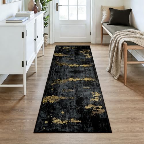 RELEANY Washable Runner 3'x7' Abstract Area Rug for Hallway Black Gold - Image 2