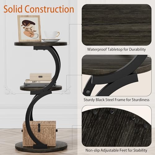 Small Side Table, 3-Tier Round End Table for Small Spaces, Charcoal Grey - Image 5