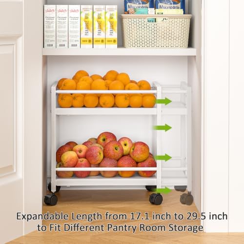 1 Pack 2-Tier Expandable Pantry Floor Organizer Cart, Rolling Pantry Storage Cart with Wheel, Adjustable Can Organizer for Kitchen Pantry, Pantry Shelves and Storage Rack for Snacks, Vegetables, White - Image 4