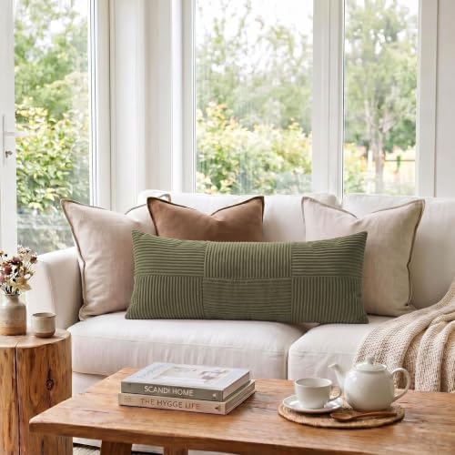 Fancy Homi Set of 2 Olive Green Boho Long Lumbar Body Decorative Throw Pillow Cover 14x36 Inch for Bed Couch Bedroom Bench, Soft Patchwork Corduroy Textured Pillow Case, Rustic Farmhouse Room Décor - Image 2