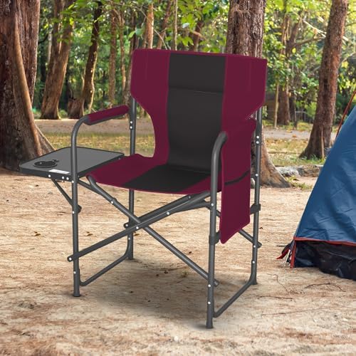 Directors Chair 17.5" Seat Height, Bar Height Folding Chair with Side Table, Foldable Camping Chair with Side Pocket for Makeup Artist, Sports Event, Supports 400LBS - Red - Image 2