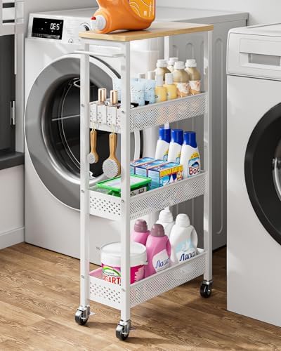 Giwil Slim Rolling Storage Cart 4 Tier Bathroom Organizer Mobile Shelving Unit Utility Cart with Wood Top and Handle for Kitchen Laundry Narrow Places, White by Giwil