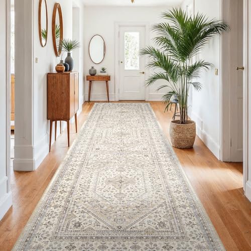 4x10 Washable Hallway Runner Rug - Non-Slip Vintage Kitchen Rugs Beige Gray - Image 3