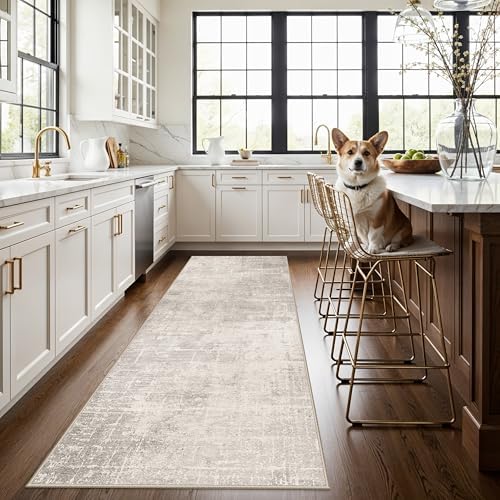 Hallway 3x8 Washable Runner Rug: Abstract Stain Resistant Entryway Kitchen Area Rugs Farmhouse Soft Bathroom Bedroom Print Floor Mat Thin Non-Slip Indoor Carpet for Living Room Laudry(3x8,Beige/Cream) by HYHAOYUNLAI