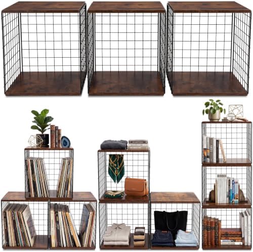 Novabright 3 Pcs Stackable Organizer Bookshelves with Wood Top Extra Storage, DIY Variable Stackable Cube Storage Organizer for Bedroom, Living Room, Walnut Color by Unknown