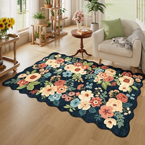 DUKINO 3x5 Area Rugs, Non Slip Floral Washable Rug for Bedroom, Navy Blue - Image 3