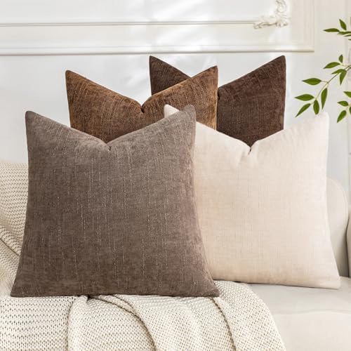 Set of 4 Soft Textured Throw Pillow Covers 18x18 Inch Cozy Decorative Farmhouse Cushion Cover Square Accent Pillow Cases for Bed Couch Sofa Living Room, Beige Taupe Brown by Cozoomy