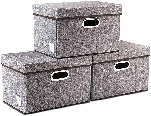PRANDOM Foldable Storage Boxes with Lids [3-Pack] Linen Fabric Collapsible Storage Bins Organizer Containers Baskets Cube with Cover for Home Bedroom Closet Office Nursery (14.9x9.8x9.8) by Prandom