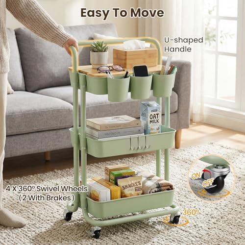 3 Tier Rolling Cart, Multifunctional Storage Cart with Table Top - Image 4
