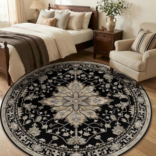 RELEANY Washable Area Rug, Round 6ft, Black/Neutral - Image 3