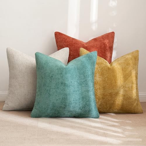 MIULEE Decorative Chenille Fall Pillow Covers Orange Teal 20x20 Pack of 4 - Image 4