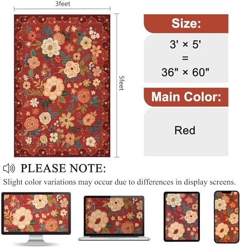 DUKINO 3x5 Area Rug, Floral Washable Rug for Bedroom Non Slip, Red - Image 2