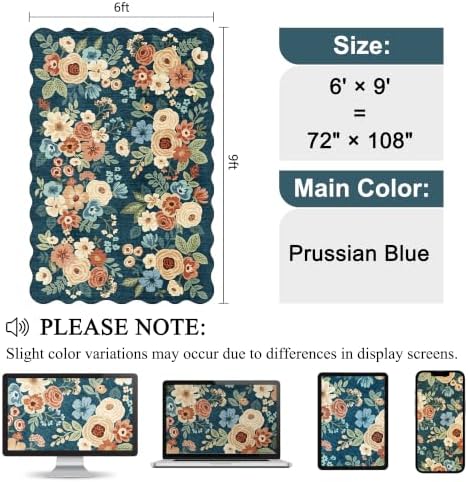 DUKINO 6x9 Area Rugs Floral Washable Living Room Rug Non Slip Prussian Blue - Image 2