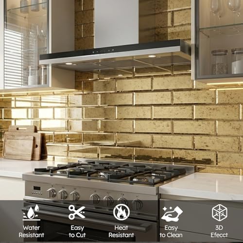 Diflart Peel and Stick Beveled Mirror Tile, Light Antique with Gold, 4x12 Inch, Mirror Backsplash for Kitchen Bar Bathroom Wall Tile (5 Sq.ft, 15 Pcs) - Image 2