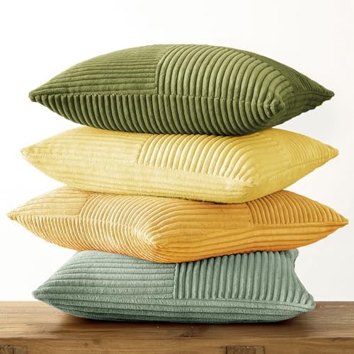 MIULEE Boho Farmhouse Spring Decorative Throw Pillow Covers 18x18 Inch 4 Packs Soft Vintage Pillow Cases Modern Corduroy Patchwork Cushion Covers for Couch Sofa Bed Summer Home Decor, Yellow Green - Image 6