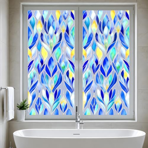 Blue Stained Glass Window Film, Decorative Static Cling Window Privacy Cling, 17.5 x 39.4 Inch Removable No Glue Geometric Leaf Window Film for Bathroom Bedroom - Image 5