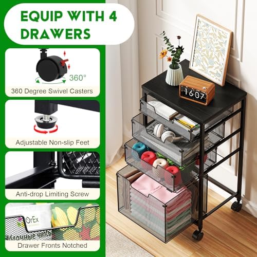 Sbanmao 4 Drawers Rolling Storage Cart, 1 Large Drawer (11.22"D x 12.2"W x 9.84"H) & 3 Small Drawers, Rolling Storage Cart with Lockable Wheels, Craft Storage Cart for Bedroom, Office, Black - Image 3
