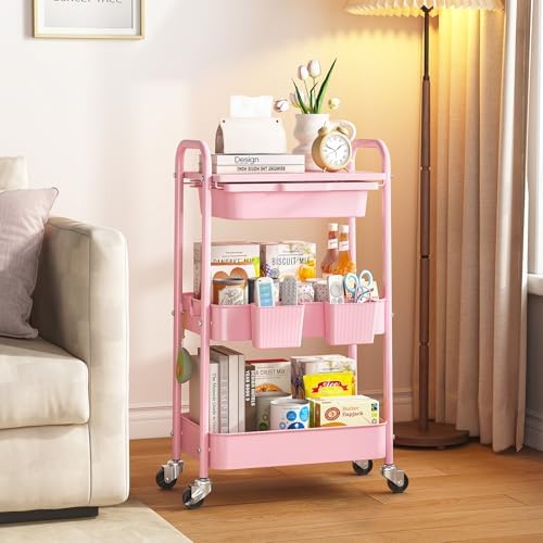 KINGRACK 3 Tier Metal Rolling Cart with Drawer, Pink Utility Storage Cart | 2 Cups & 4 Hooks, Lockable Wheels, Trolley Organizer for Bathroom, Kitchen, Office, Nursery, Dorm, Laundry, Craft Room - Image 2