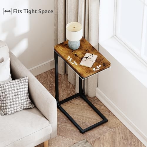QEEIG Narrow C Shaped Side Table Set of 2 Living Room Sets Slim Couch Tray Tables Skinny Thin Small Farmhouse 9.5 inch Width, Rustic Brown (017-24BN) - Image 4