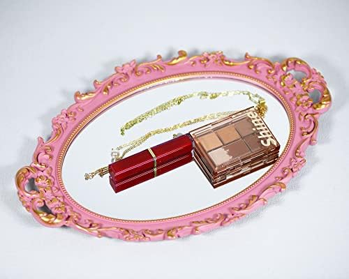 Tstarer Vintage Decorative Pink Framed Mirror, Wall Hanging Mirrors & Tabletop Tray for Bedroom Living Room Dresser Decor, Oval- 9.6" W x 14.3" L (Pink) - Image 5