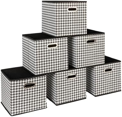 Household Essentials Foldable Fabric Storage Cubes 6-Pack – 11x11x11 Stackable Non-Woven Bins with Chipboard Sides & Grommet Handles – Closet, Shelf, Nursery, or Office Organizer – Houndstooth by HouseholdEssentials