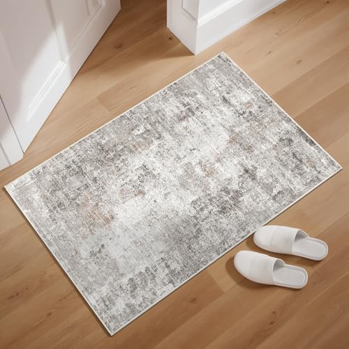 2x3 Washable Non-Slip Area Rug - Soft Low Pile Throw Rug for Kitchen Entryway Bedroom - Modern Indoor Door Mat with Rubber Backing (Beige Grey) - Image 5