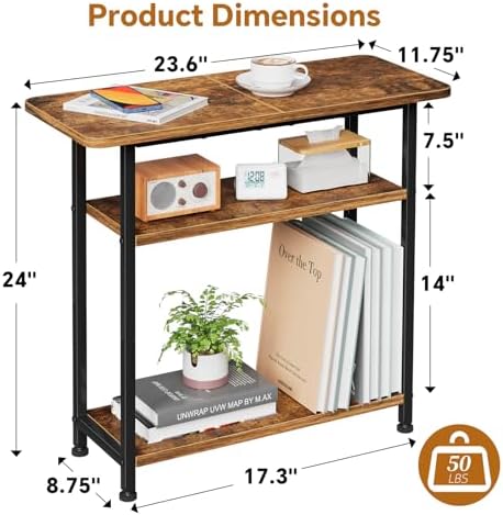 Simple Trending Narrow Side Table, 3-Tier End Table with Wide Storage Tabletop, Nightstand for Bedroom Living Room, Rustic Brown - Image 3