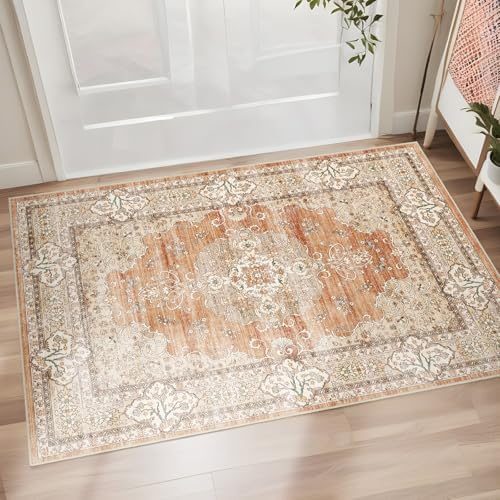 2x3 Washable Entryway Area Rug - Non-Slip Boho Throw Rugs Terracotta Beige - Image 2