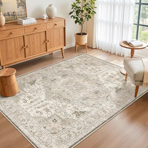 Madane Area Rug 4x6 Washable Rugs Vintage for Living Room, Ivory/Brown - Image 2
