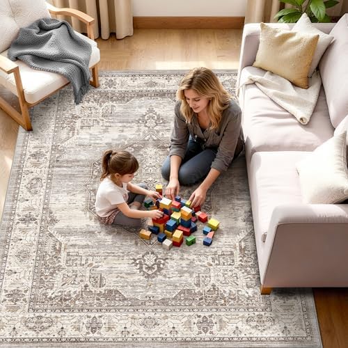 Washable Area Rugs 5x6 Entryway: Soft Ultra Thin Low Pile Mat Machine Washable Indoor Doormat Lightweight Entry Rug Anti Slip Backing Rugs for Living Room Bedroom Kitchen 5'x6' Beige - Image 3