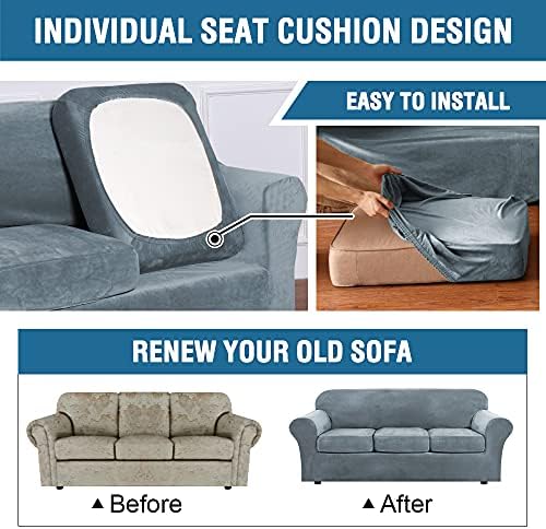 H.VERSAILTEX Rich Velvet Stretch 2 Piece Cover Chair Slipcover Sofa Cover Furniture Protector Couch Soft with Elastic Bottom Chair Couch Cover with Arms Width Up to 49 Inch(Chair, Stone Blue) - Image 6
