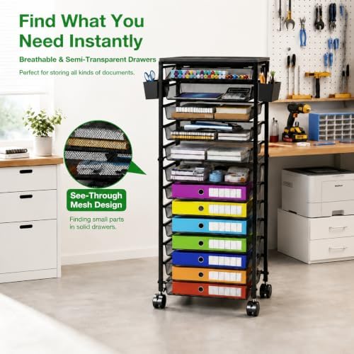 Ekisemio 11-Tier Rolling File Cart, Mobile Desk-Side Organizer with Top Shelf and Side Baskets, Wire Storage Rack for Letter Folders, Home Office & School, Black - Image 4