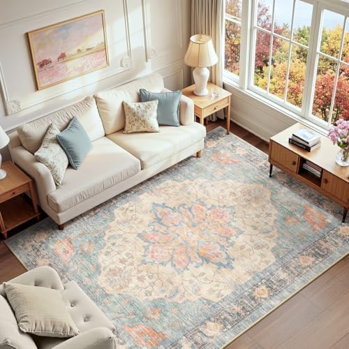 RELEANY Washable Area Rug, 6'x8', Blue/Orange/Red by RELEANY