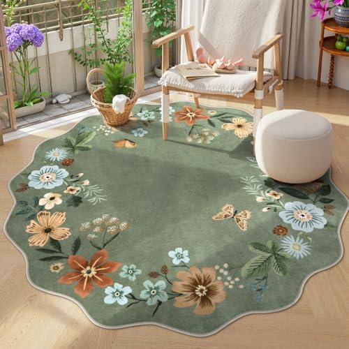Lahome Floral Washable Round Circle Rugs, Non-Slip Soft Round Rug 4ft by Lahome