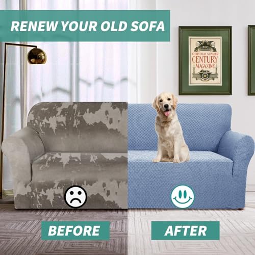 YEMYHOM Couch Cover Latest Jacquard Design High Stretch Sofa Covers for 2 Cushion Couch, Pet Dog Cat Proof Loveseat Slipcover Non Slip Magic Elastic Furniture Protector (Medium, Light Blue) - Image 4