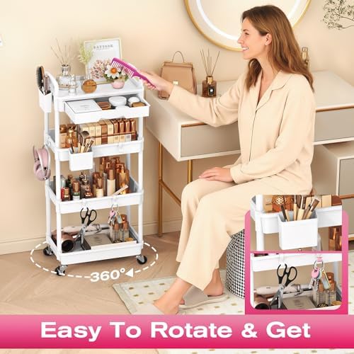 Goovilla Rolling Makeup Organizer Cart with Removable Drawer, 4 Tier White - Image 5