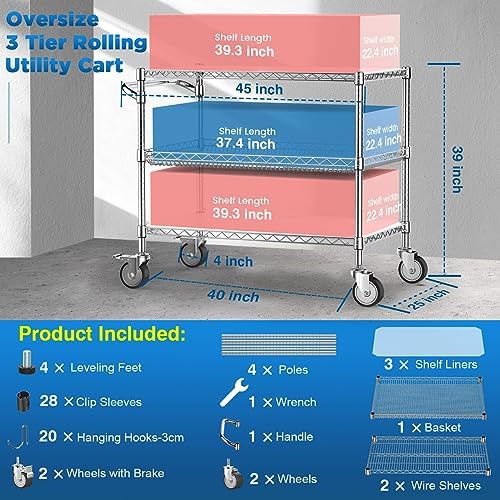 Commercial Rolling Utility Cart,45In Large Kitchen Carts with Wheels - Image 2