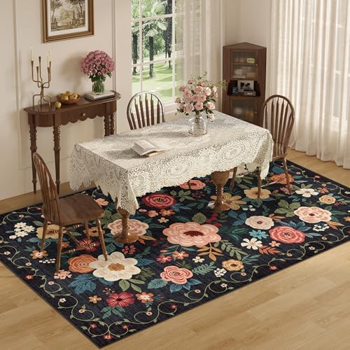 DUKINO 5x8 Area Rug for Bedroom, Soft Floral Washable Rug Non Slip, Black - Image 5