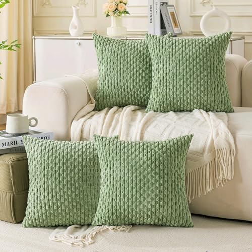 Set of 4 Sage Green Decorative Throw Pillow Covers 20x20 Inch Corduroy Pillow Covers for Bed Couch Sofa Living Room Soft Square Cushion Cases by Cozoomy