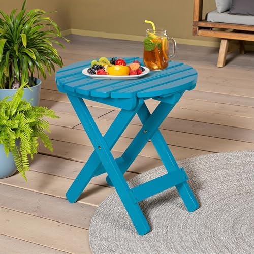 Shine Company Round Wooden Folding Solid Wood Side Table, Outdoor Adirondack Small Patio Table, Aqua - Image 6