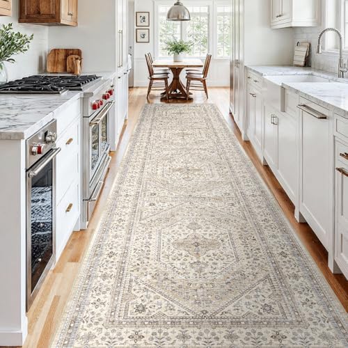 4x12 Washable Hallway Runner Rug - Non-Slip Vintage Kitchen Rugs Beige Gray - Image 2