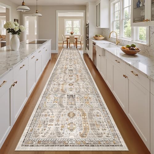 Madane Hallway Runner Rug 2'6''x14' Kitchen Runners Vintage, Brown/Gold - Image 3