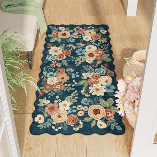 DUKINO 2x4 Rug for Entryway, Floral Washable Kitchen Rugs, Prussian Blue by DUKINO