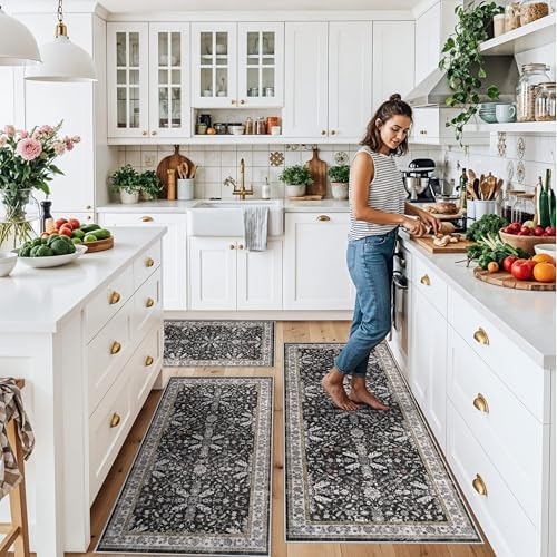 3-Piece Washable Kitchen Rug Set of 3 with Runner – Non-Slip Boho Kitchen Mats for Hardwood Floor, Sink & Entryway & Bathroom, Home Decor (Black,2x3+2x4+2x5) - Image 3
