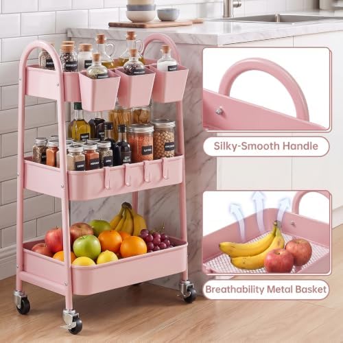 danpinera 3-Tier Rolling Cart, Utility Cart Mobile Metal Rolling Storage Cart with Lockable Wheels & Hanging Cups & Hooks for Kitchen, Bathroom, Office, Workshop, Pink - Image 3