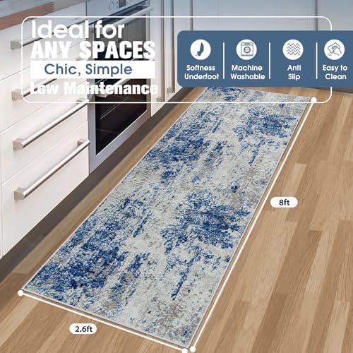 Runner Rugs for Hallways Kitchen 2.6x8 Non Slip Washable Blue Grey White - Image 2