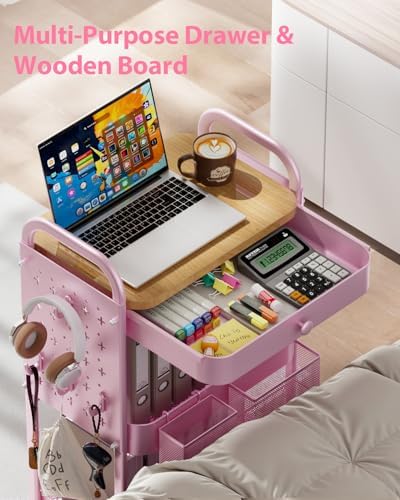 ALVOROG 3 Tier Metal Rolling Cart with Drawer,Wood Top,Pegboards,Pink - Image 2